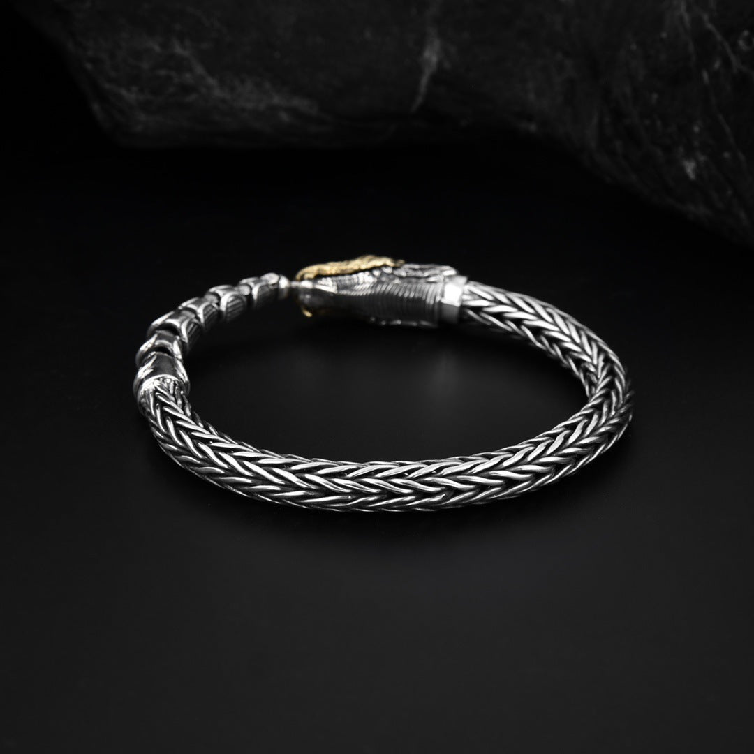 Bracelet personnalisé en argent sterling avec dragon entrant dans la mer, style rétro vieilli