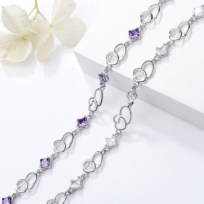 S925 sterling silver bracelet double heart amethyst bracelet