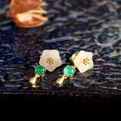 Fashion S925 Silver Plated Women's Floral Hetian Jade Ear Studs