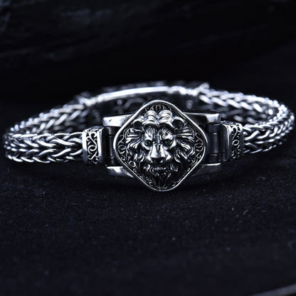 Pulsera de león dominante tejida a mano vintage de plata esterlina S925 estilo étnico