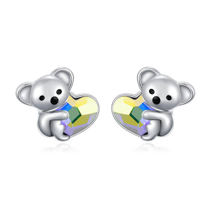 Pendientes de plata de ley 925 con forma de koala, animales adorables, hipoalergénicos, con forma de corazón y cristales