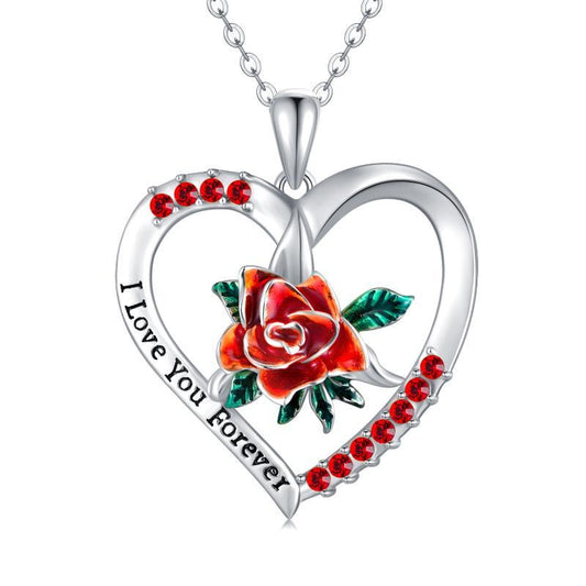 Sterling Silver I Love You Forever Rose Flower Necklace Jewelry