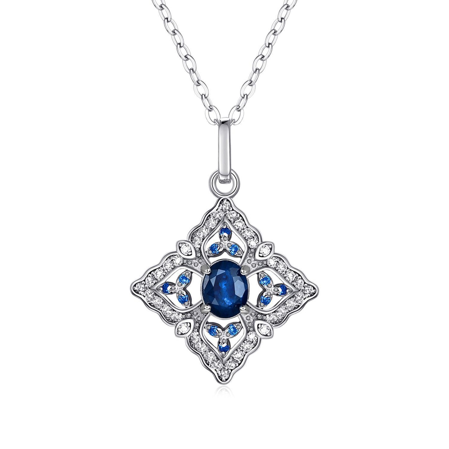 S925 Silver Inlaid Natural Sapphire Necklace High Level Pendant Female Simple Retro Hollow Geometric Diamond Necklace