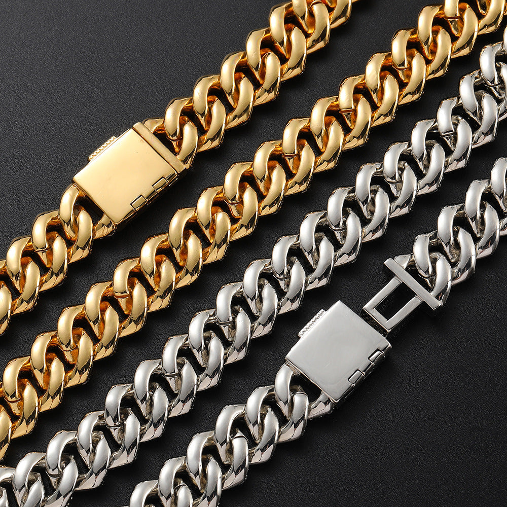 Hip Hop 15mm Double Row Zircon Diamond Cuban Chain Real Gold Plating