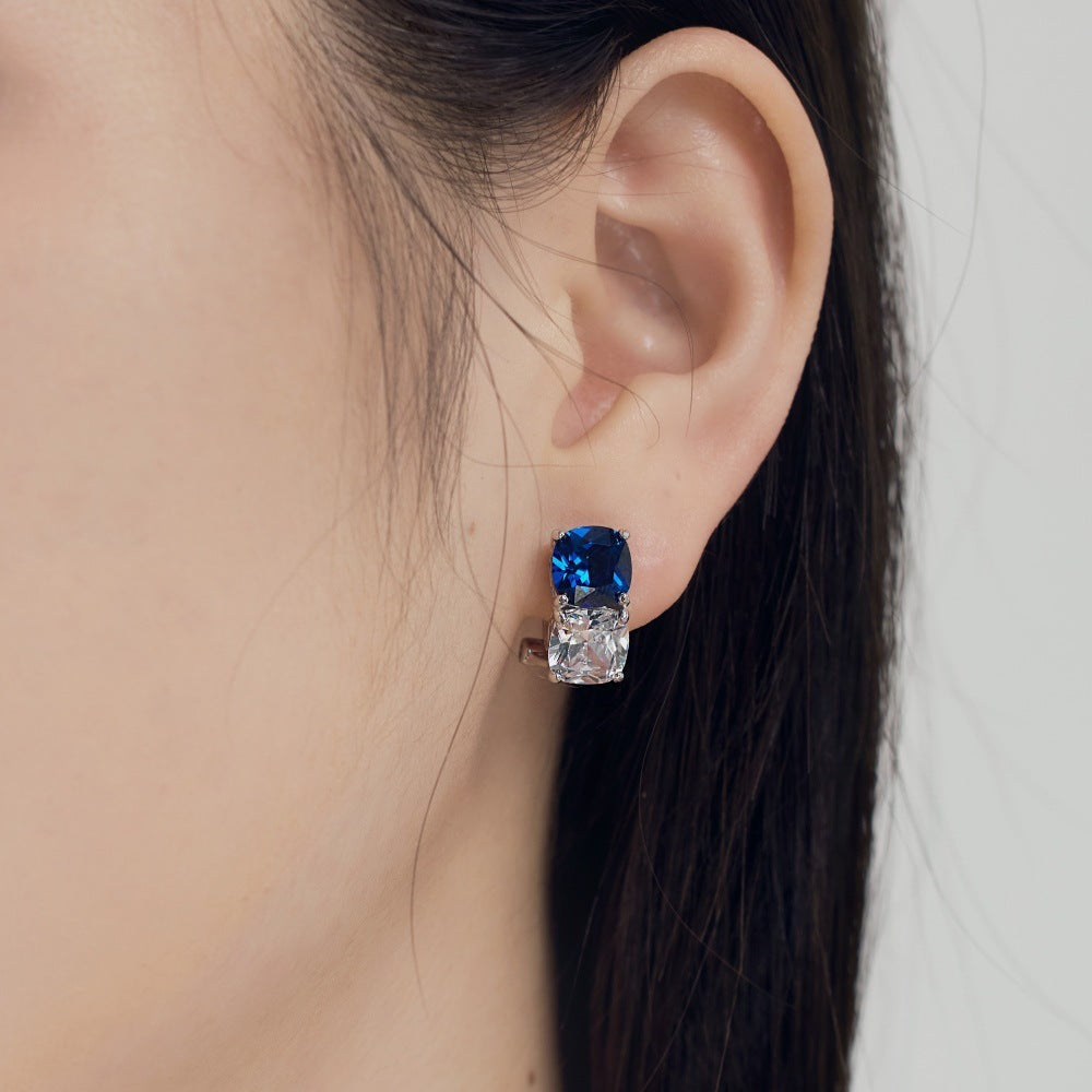 Pendientes de plata S925 con diseño de minorías, costura nano azul y circonita blanca cuadrada gruesa a la moda que combinan con todo