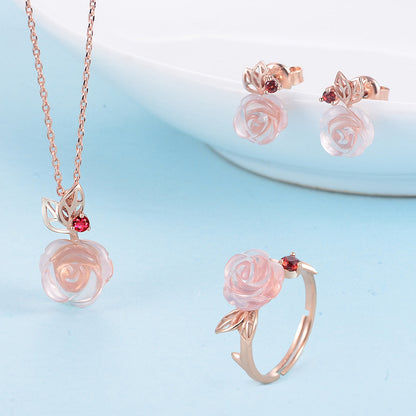 Flower Rose Quartz Gemstones 18K Rose Gold Plated Fine Jewelry silver set