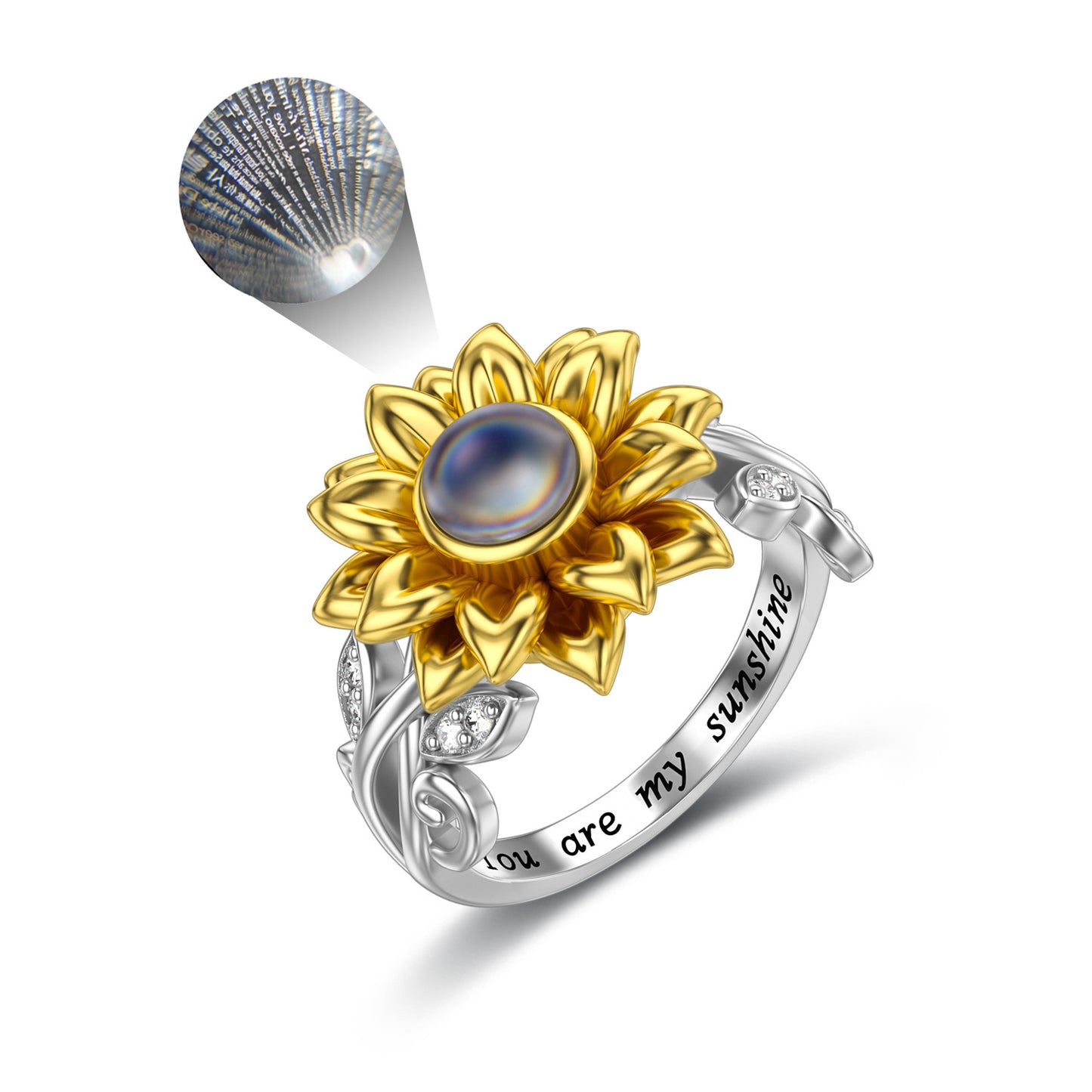 Bague tournesol en argent sterling avec je t'aime en 100 langues Tu es mon soleil