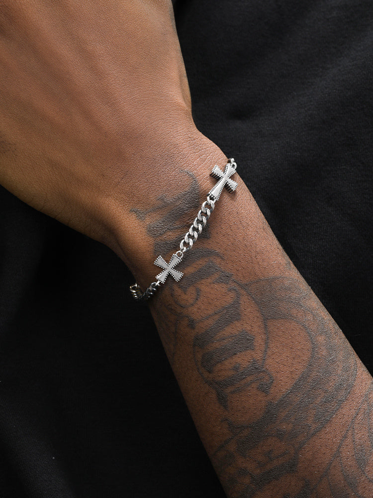 Bracelet chaîne à maillons cubains à double croix en argent sterling pour homme Hip Hop