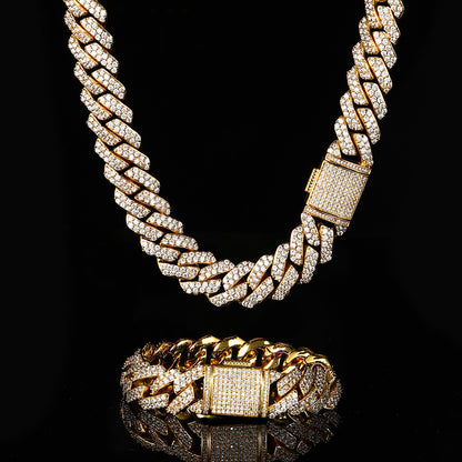 Hip Hop 15mm Double Row Zircon Diamond Cuban Chain Real Gold Plating