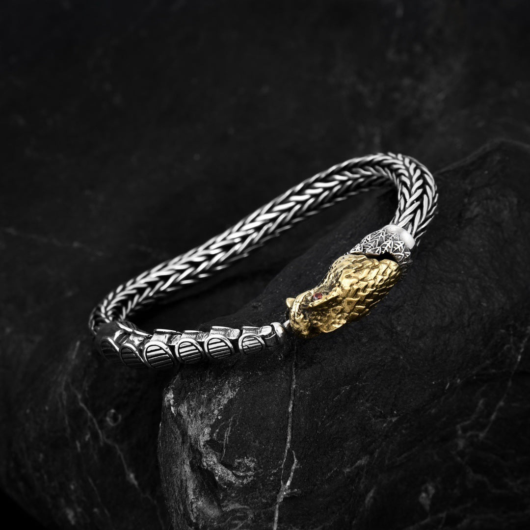 Bracelet personnalisé en argent sterling avec dragon entrant dans la mer, style rétro vieilli