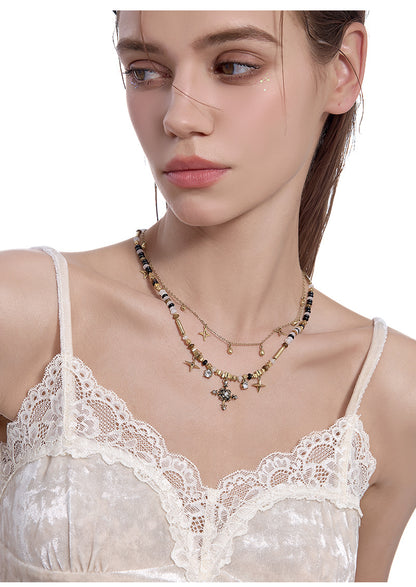 Nostalgic Series Trendy Cool Beaded Cross Necklace Neutral Double Layer New Sweater Chain