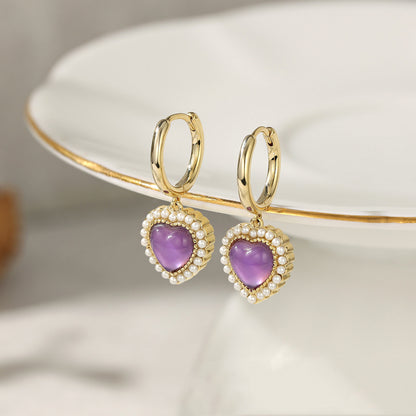 Pendientes de botón con forma de corazón de amor de estilo retro de cristal violeta natural francés