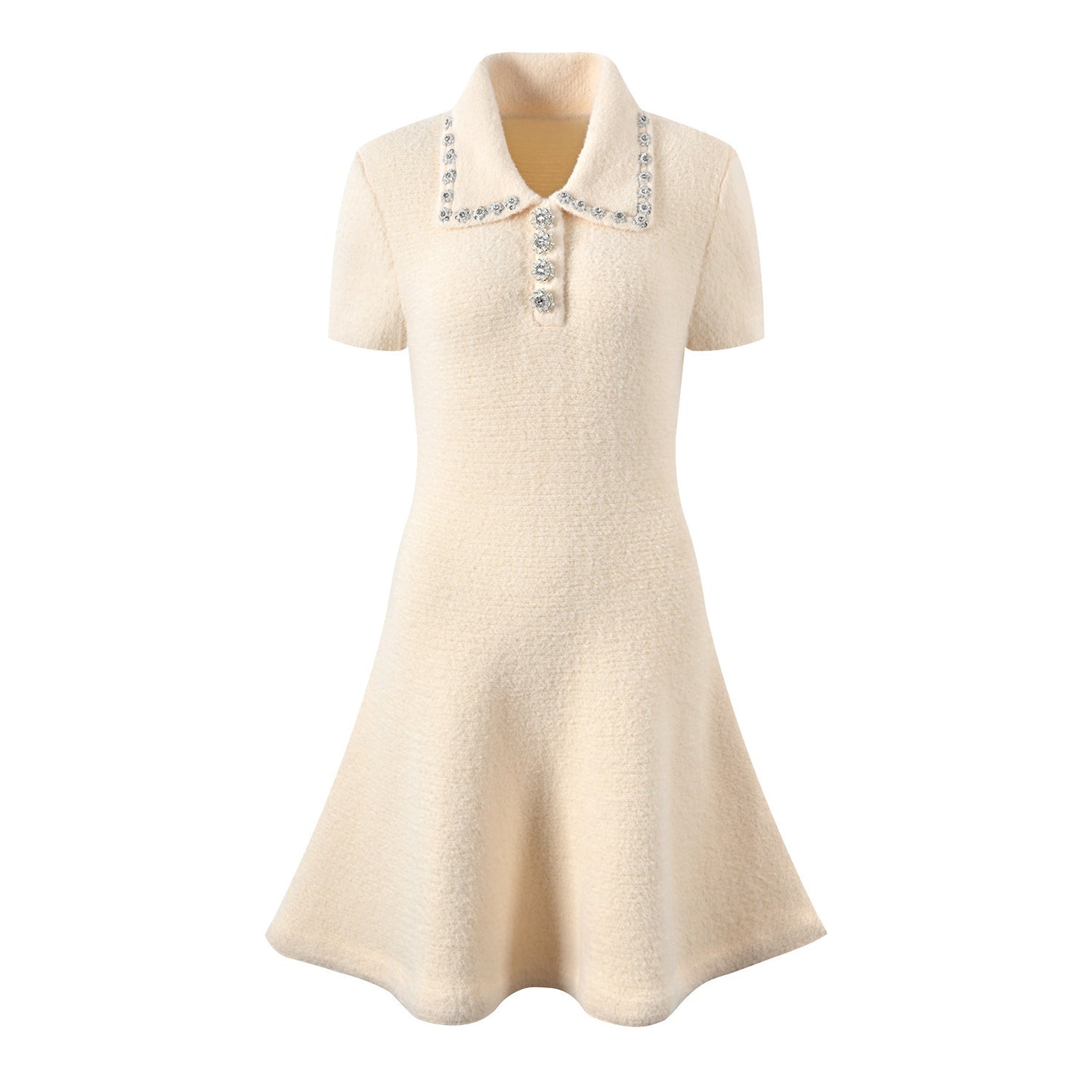 Elegant Socialite Gold Design Rhinestone Ivory White Plush Knitted Short Sleeve Dress