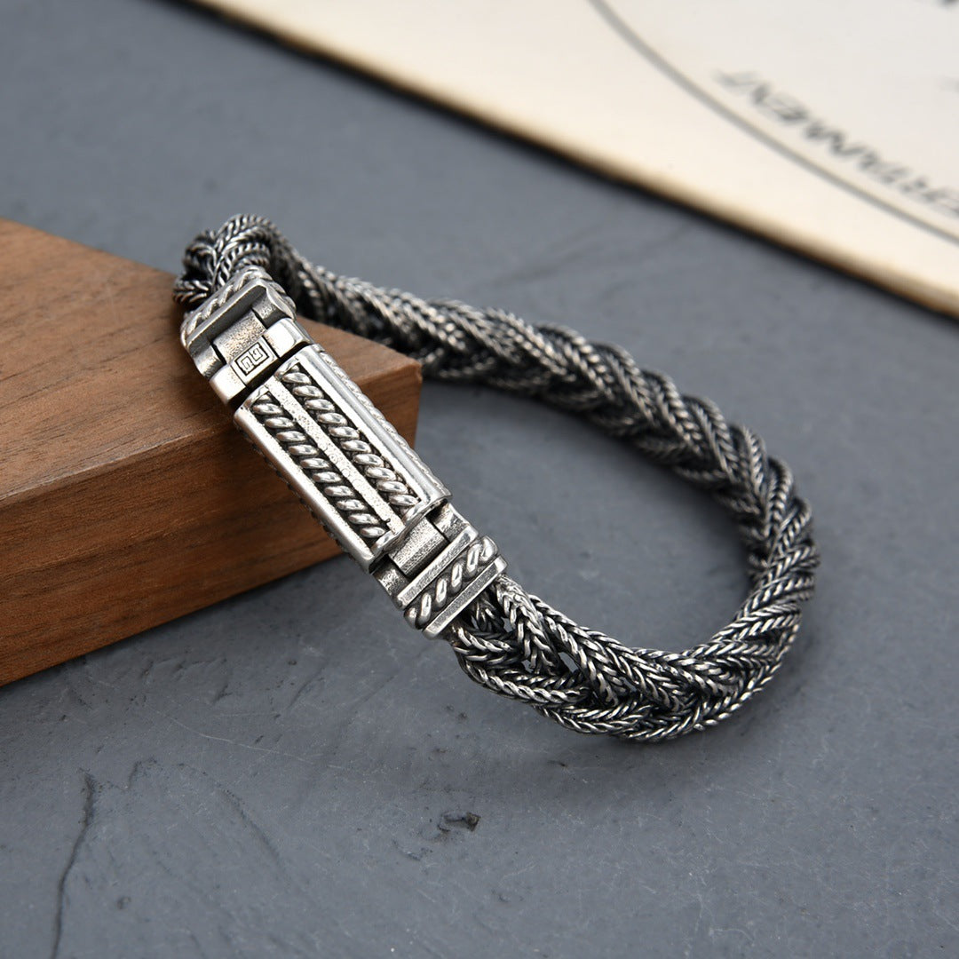 Sterling Silver Safety Pattern Woven Fox Tail Bracelet For Men