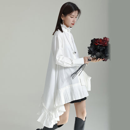 Long Sleeve Stand Collar Hem Pleated Irregular Shirt Dress