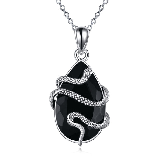 Collar de serpiente de cristal de turmalina y obsidiana negra en plata esterlina, joyas para regalar