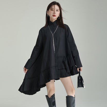 Long Sleeve Stand Collar Hem Pleated Irregular Shirt Dress