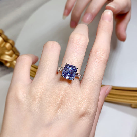 Bague en argent S925 avec strass bleu gris à haute teneur en carbone