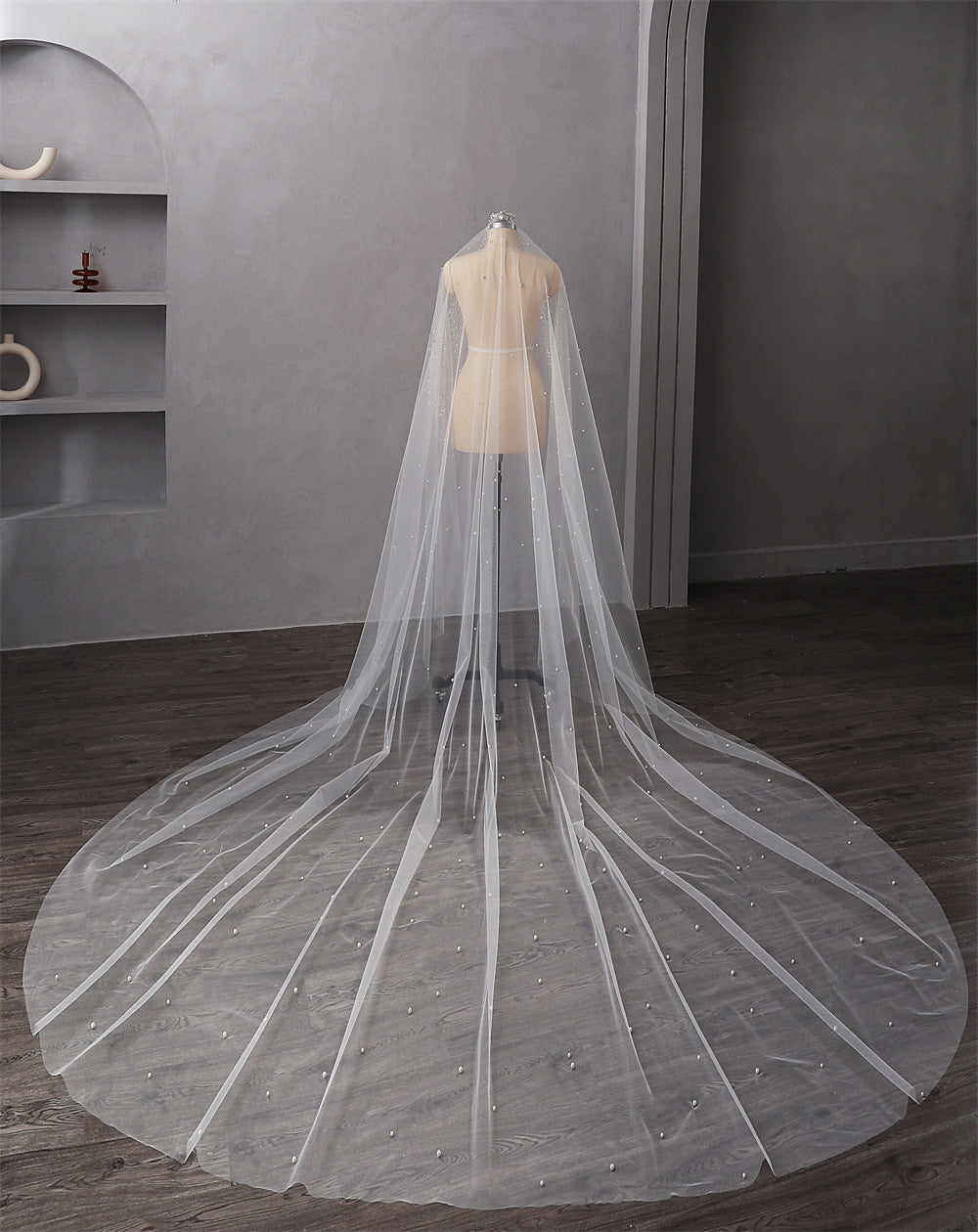 Pearl Wedding Veil 1 Layer Long Bridal Cathedral Veil