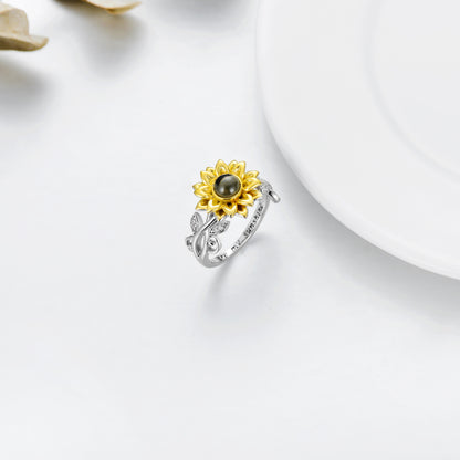 Bague tournesol en argent sterling avec je t'aime en 100 langues Tu es mon soleil