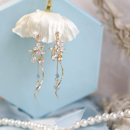 Snow Ice Tassel Design Long Flower Fairy Air Earrings,