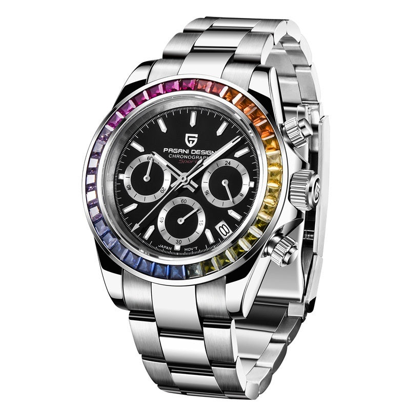 Reloj de cuarzo multifuncional de acero inoxidable con cristales de colores, resistente al agua y para hombre