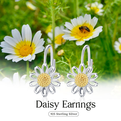 Daisy Leverback Hoop Earrings in White Gold Plated Sterling Silver