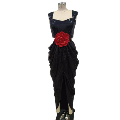 Robe de banquet élégante à paillettes noires avec décoration florale tridimensionnelle