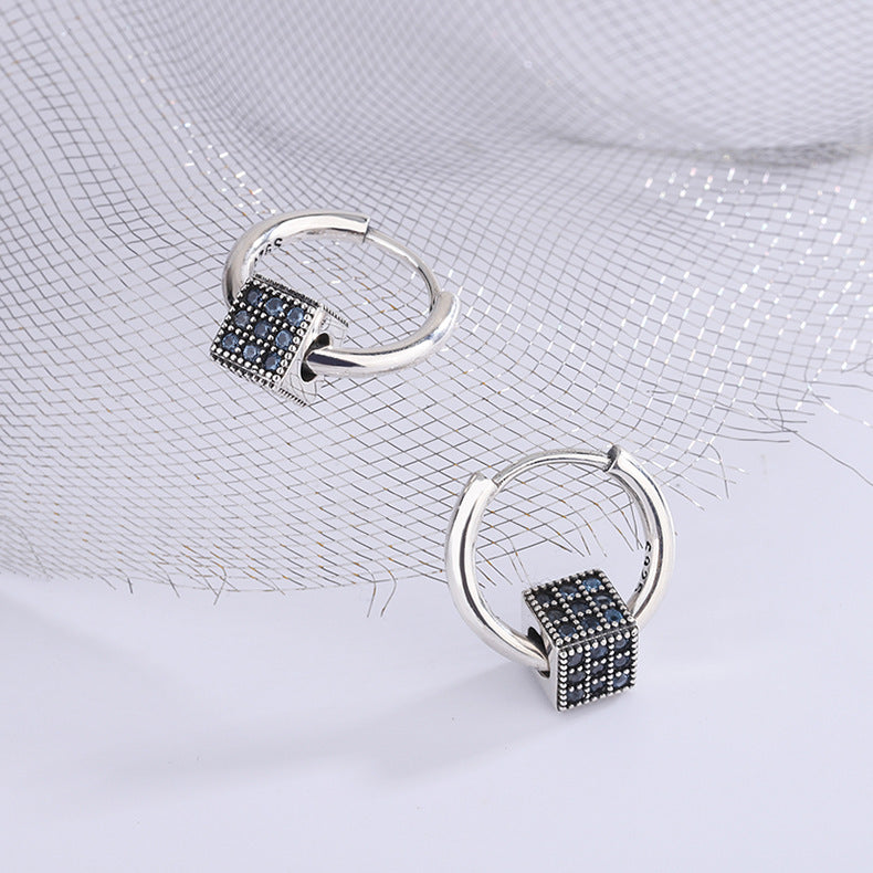 Heavy Industrial S925 Sterling Silver Spinel Blue Full Zirconium Stereo Square Round Ear Clasp Female Earrings