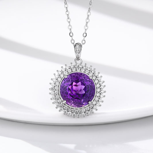 S925 Silver Set Round Bird's Nest Cut Natural Amethyst Necklace