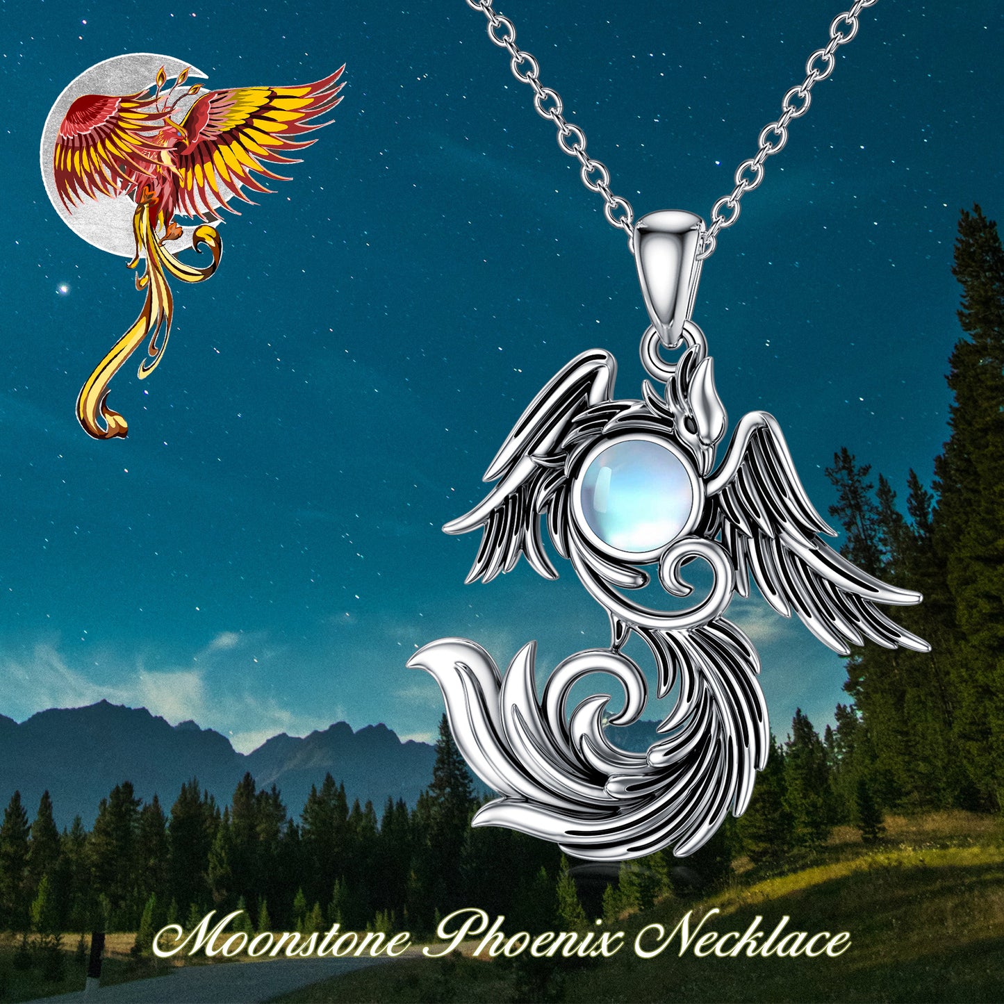 Moonstone Phoenix Necklace 925 Sterling Silver as Gifts for Women and Men