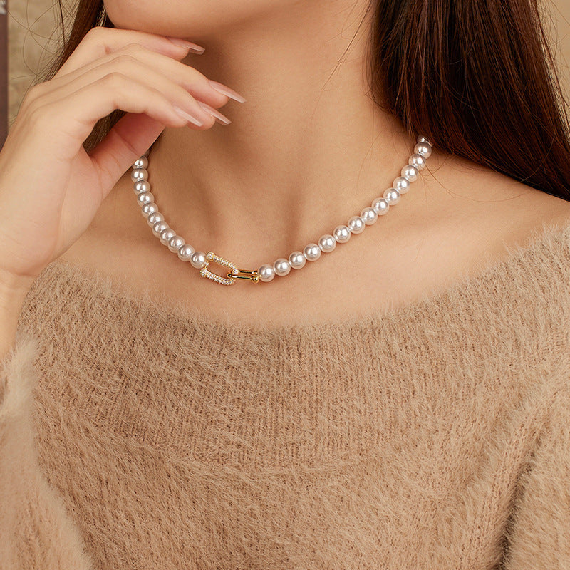 Vachette Clasp Shell Pearls Necklace 925 Silver Light Luxury Micro Inlaid Personalized Clavicle Chain