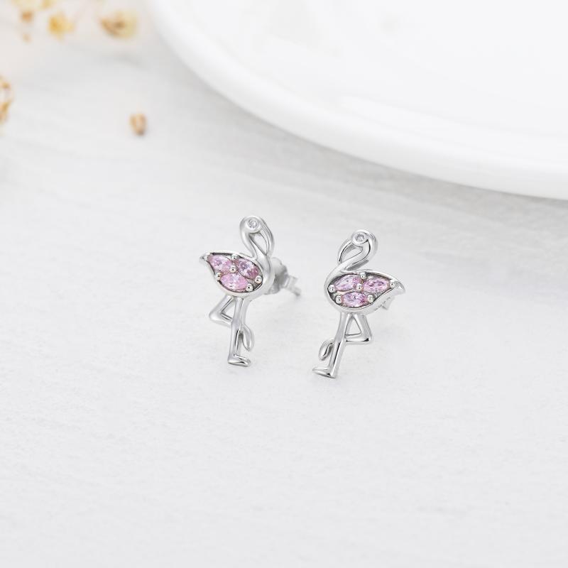 Pink Flamingo CZ Stud Earrings in White Gold Plated Sterling Silver