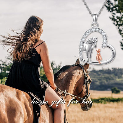 Collar con colgante de caballo y niña en plata de ley, regalo de joyería para mujeres, niñas y niños