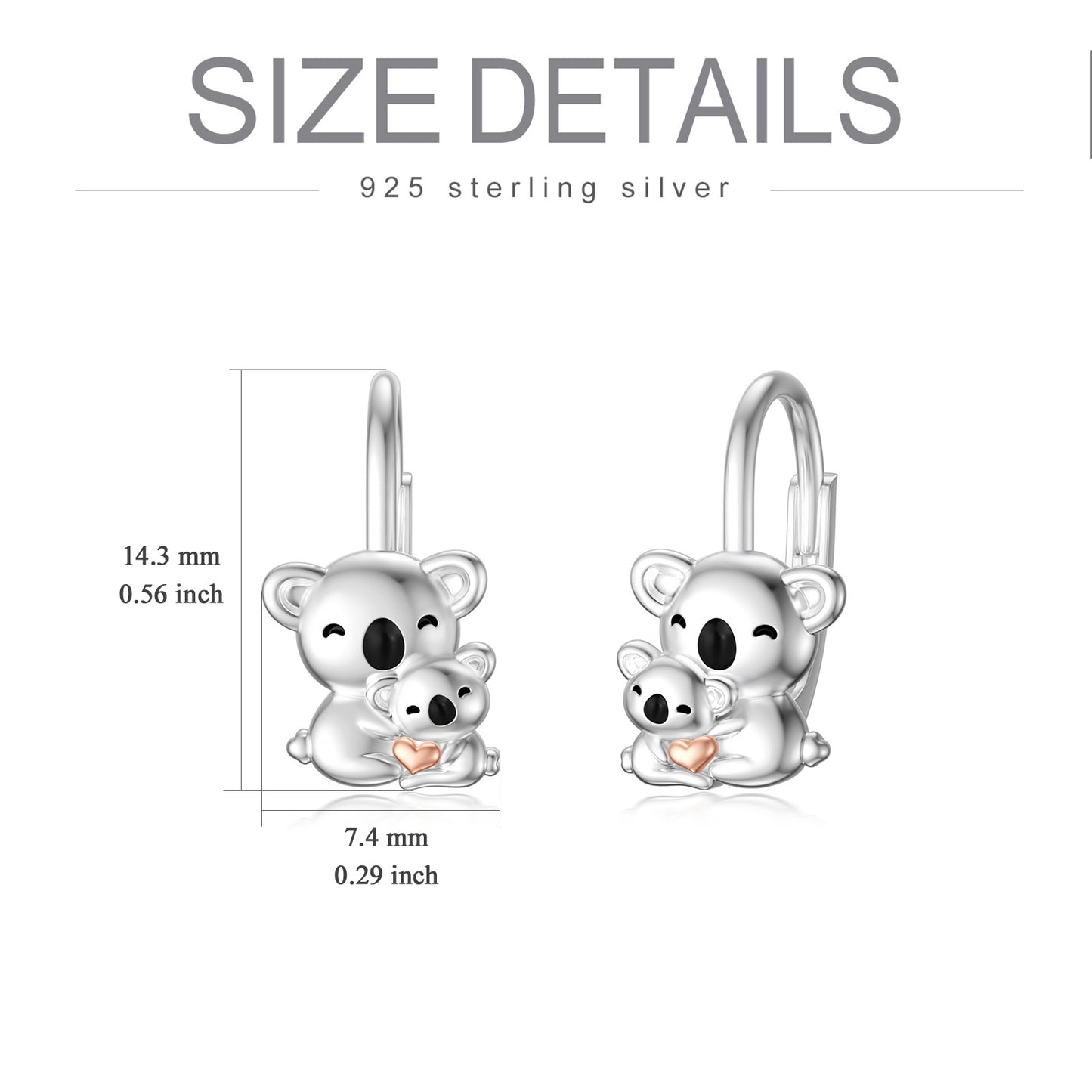 Boucles d'oreilles Koala pour filles et femmes, jolies boucles d'oreilles à tige en argent sterling avec pendentif en forme de koala pour mère et fille