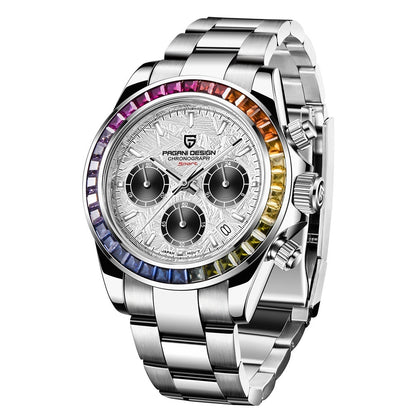 Montre à quartz multifonctionnelle pour homme en acier inoxydable avec cristaux colorés et étanche