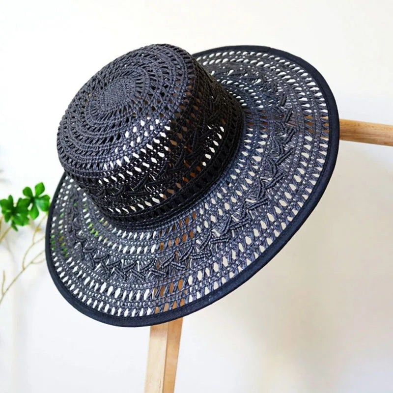 Chapeau Fedora à fleurs noires fait à la main pour femmes, chapeau de paille, chapeau d'été de plage, chapeau canotier à large bord, chapeau de fête de mariage pour dames