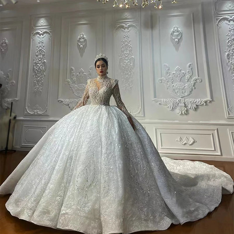 Luxury Wedding Gowns Organza High Neck Ball Gown NS4486 Sequins Romantic Bridal Wedding Gowns Vestido De Novias 2023