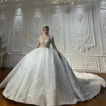 Robes de mariée de luxe en organza à col haut, robe de bal NS4486, paillettes, robes de mariée romantiques, robe de mariée 2023