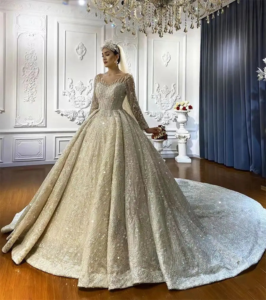 Vestidos de novia de lujo para mujer 2022, vestidos de novia con escote redondo, trajes de boda para mujer, cristales NS4242