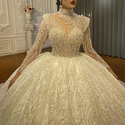 Robes de mariée de luxe en organza à col haut, robe de bal NS4486, paillettes, robes de mariée romantiques, robe de mariée 2023