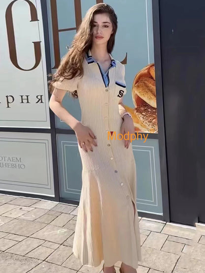 Modphy 2024 Elegante vestido largo de punto ajustado para mujer Letra de un solo pecho Manga larga Diseñador Vestidos vintage Otoño