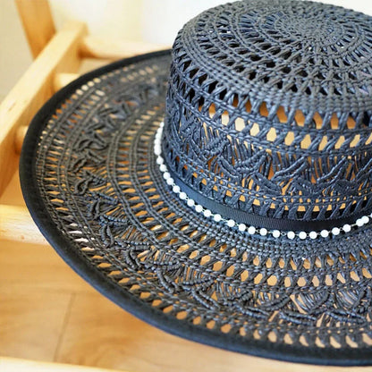 Handmade Black Flower Fedora Hats for Women Straw Hat Beach Summer Hat Wide Brim Boater Hat Pearls Band Ladies Wedding Party Hat