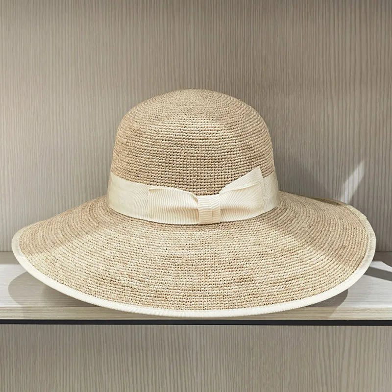 Chapeaux d'été à large bord Chapeaux de paille en raphia élégants avec nœud papillon Chapeau de soleil pour femmes Chapeau pour femme