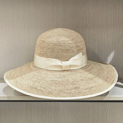 Chapeaux d'été à large bord Chapeaux de paille en raphia élégants avec nœud papillon Chapeau de soleil pour femmes Chapeau pour femme