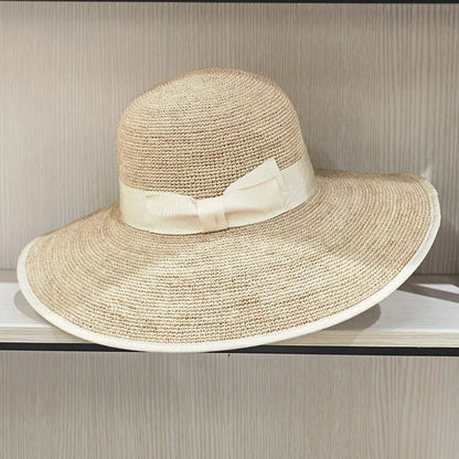 Chapeaux d'été à large bord Chapeaux de paille en raphia élégants avec nœud papillon Chapeau de soleil pour femmes Chapeau pour femme