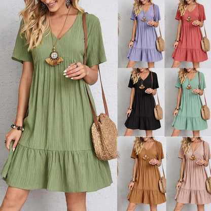 Women Short-Sleeved Dress V-Neck Basic Summer Fashion Casual Party Beach Holiday Mid Dress Women's Overalls Female Clothes