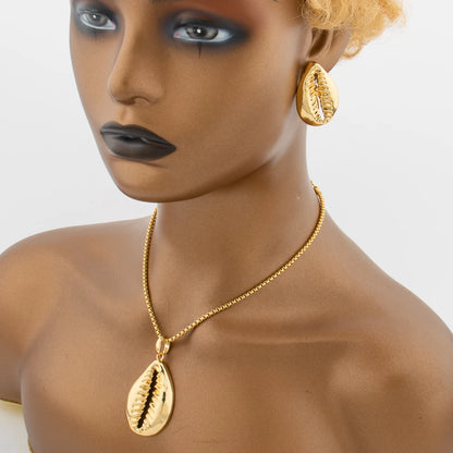 Ensemble de bijoux plaqué or 18 carats en cuivre pour femmes, boucles d'oreilles en forme de coquillage africain, pendentif, bracelet, bague, bijoux arabes turcs de Dubaï