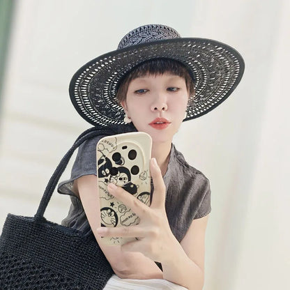 Handmade Black Flower Fedora Hats for Women Straw Hat Beach Summer Hat Wide Brim Boater Hat Pearls Band Ladies Wedding Party Hat