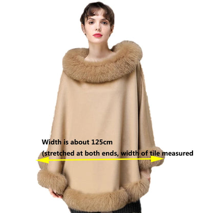 Women's Winter Cashmere and Wool Capes Best Fox Fur Trim Warm Wraps Poncho Party Dinner